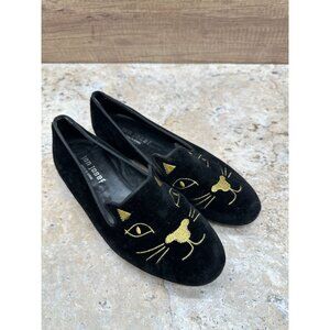 Jon Josef Womens Loafers Size 6.5 M Black Velour Gold Cat Slip On Shoes Leather